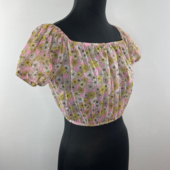 NWT LISA MARIE FERNANDEZ Pink Floral Puff Sleeve Square Neck Cotton Crop Top 2 - Picture 3 of 9